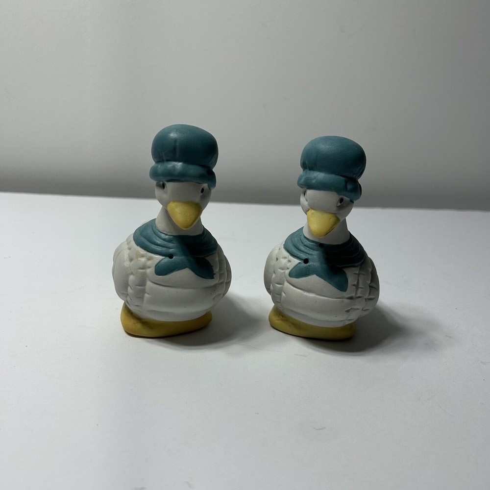 Vintage duck salt and pepper shakers with blue scarf and bonnet